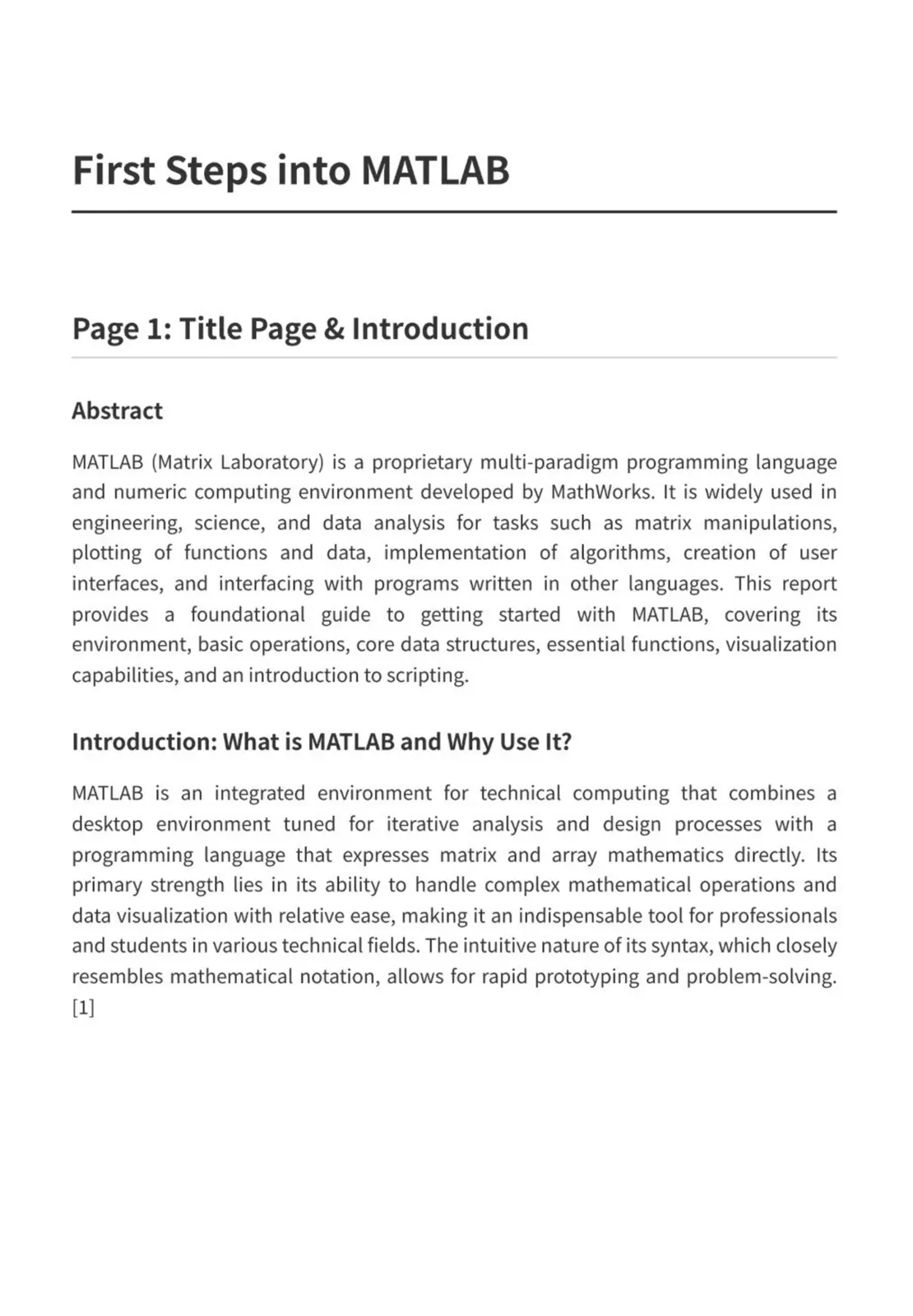 غلاف تقرير First Steps into MATLAB
