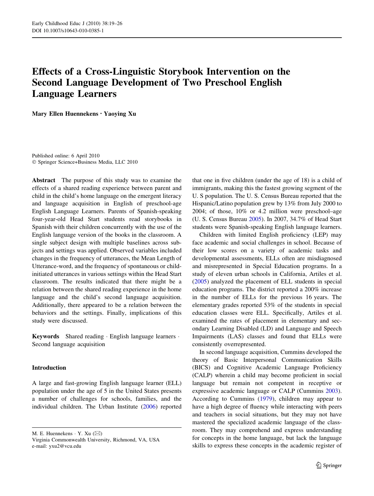 غلاف تقرير Effects of a Cross-Linguistic Storybook Intervention on the Second Language Development of Two Preschool English Language Learners