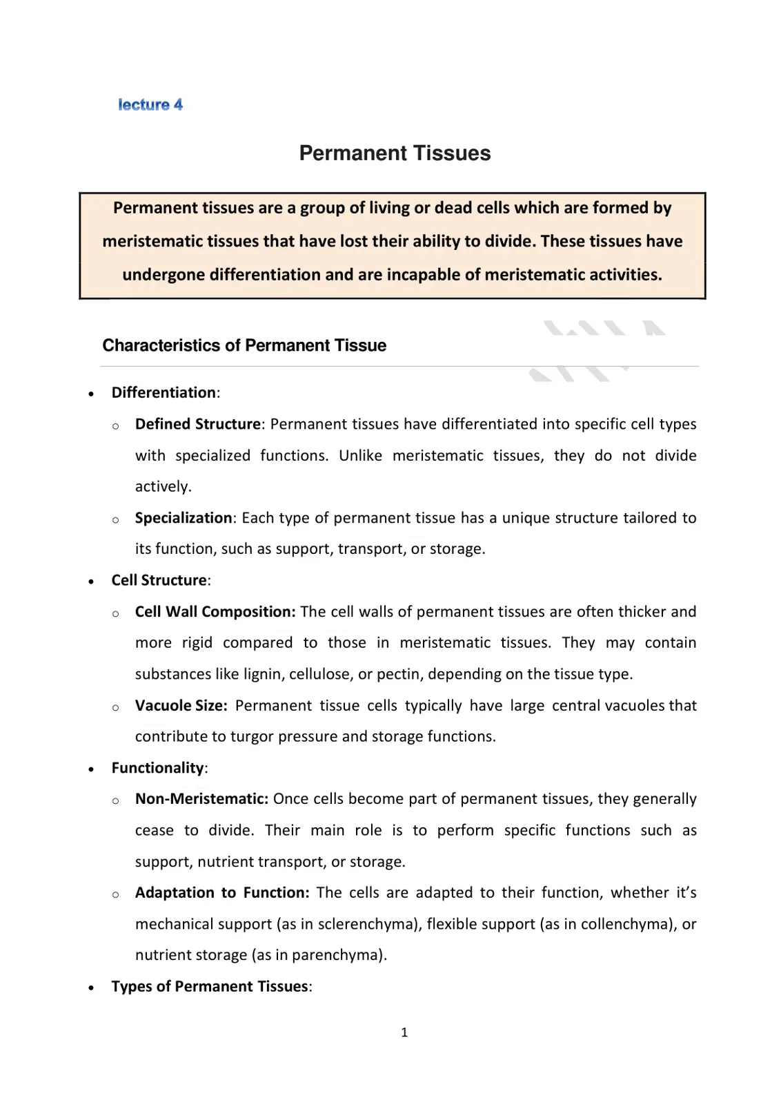 غلاف تقرير Lecture 4 - Permanent Tissues