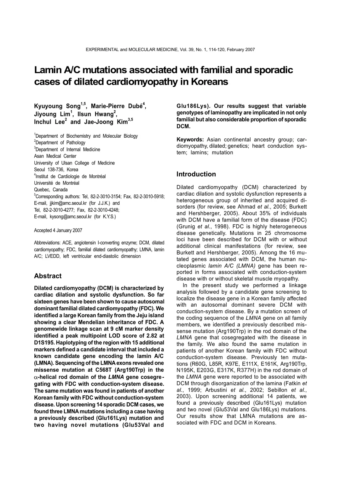 غلاف تقرير Lamin A/C mutations associated with familial and sporadic cases of dilated cardiomyopathy in Koreans