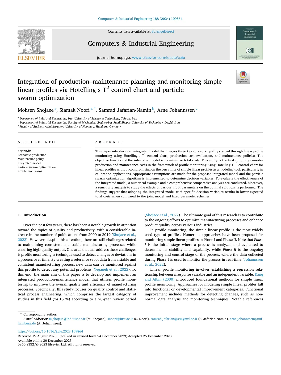 غلاف تقرير Integration of production-maintenance planning and monitoring simple linear profiles via Hotelling's T2 control chart and particle swarm optimization