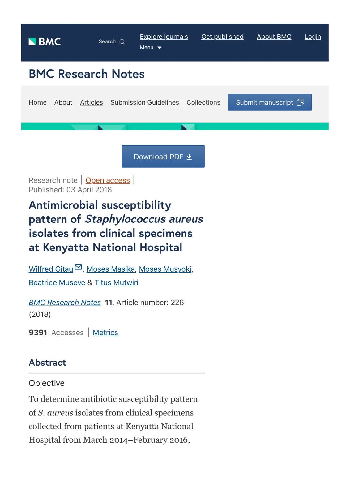 غلاف تقرير Antimicrobial susceptibility pattern of Staphylococcus aureus isolates from clinical specimens at Kenyatta National Hospital