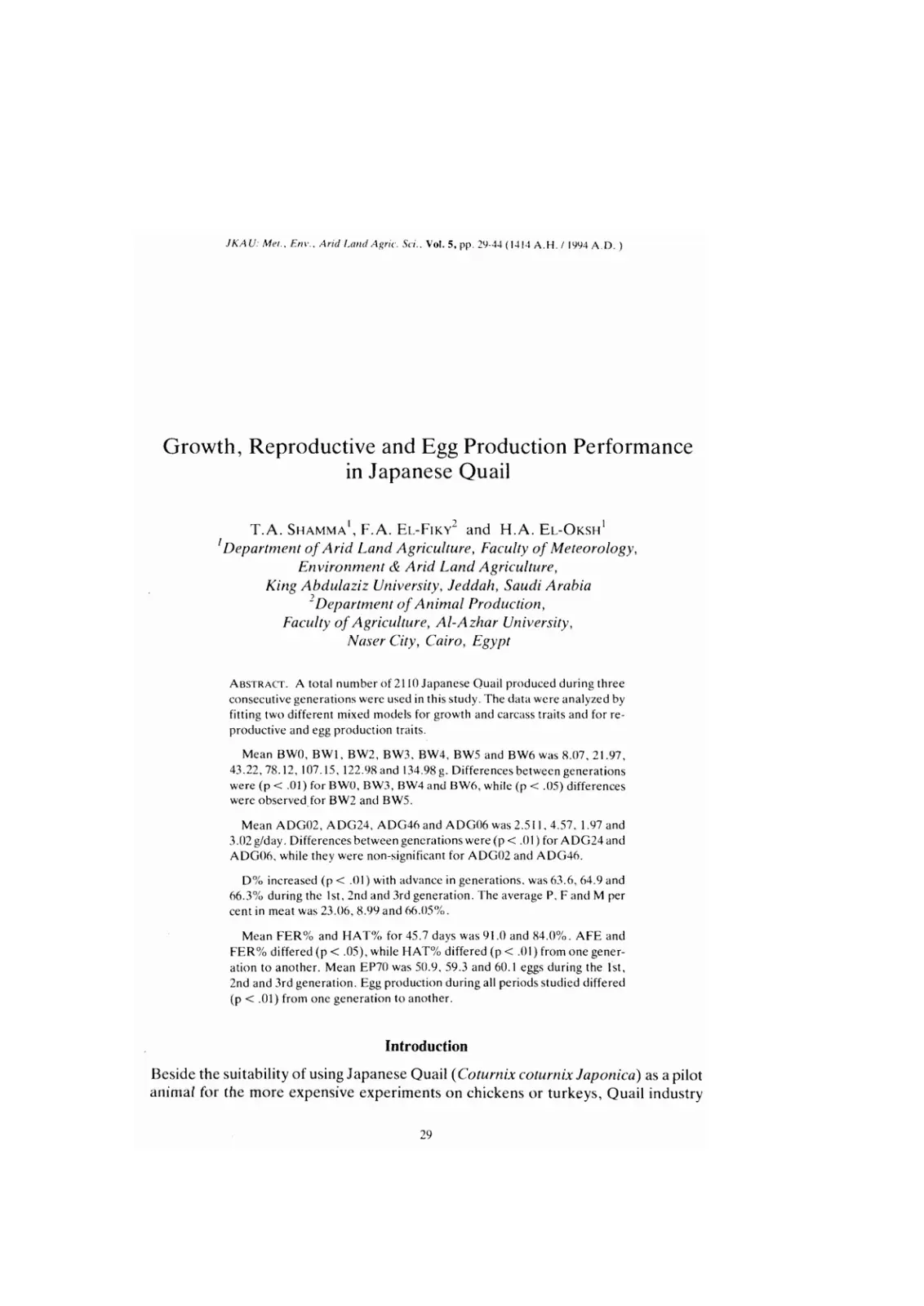 غلاف تقرير Growth, Reproductive and Egg Production Performance in Japanese Quail