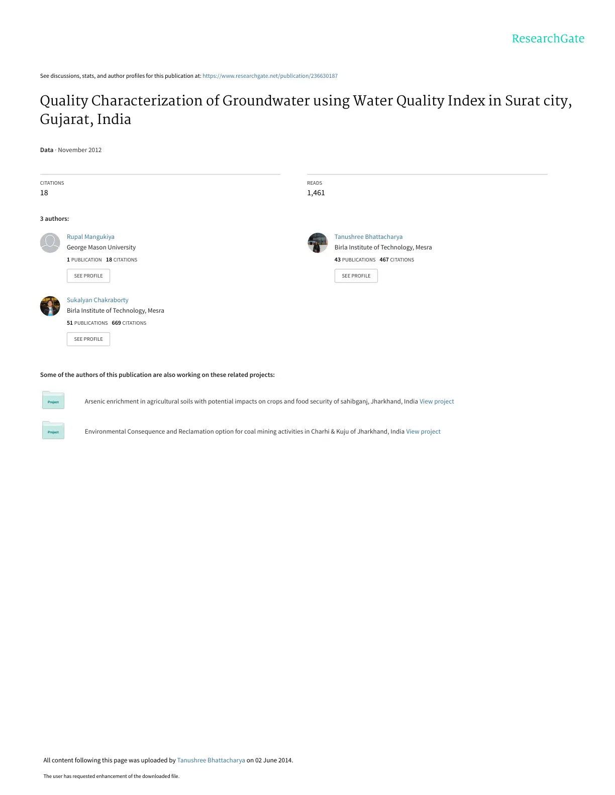 غلاف تقرير Quality Characterization of Groundwater using Water Quality Index in Surat city, Gujarat, India