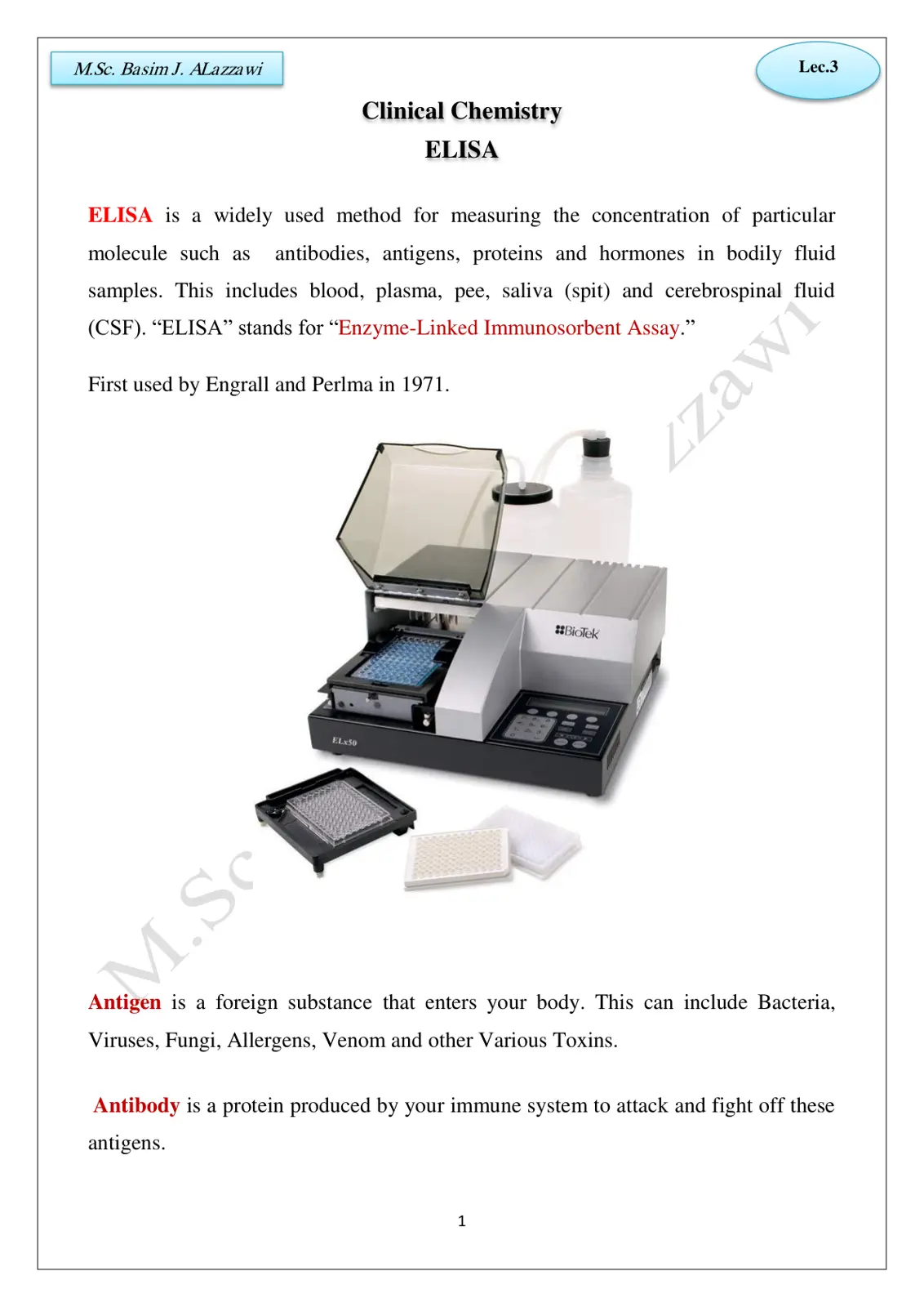 غلاف تقرير Clinical Chemistry Lec.3 ELISA