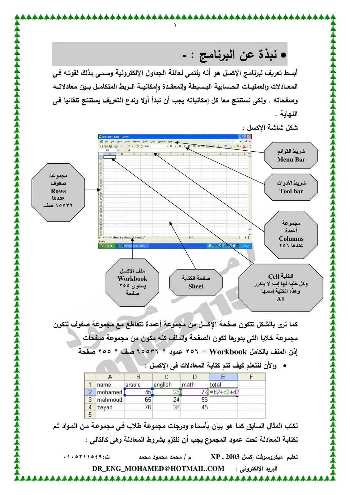 غلاف تقرير نبذة عن برنامج الإكسل وشاشة العمل