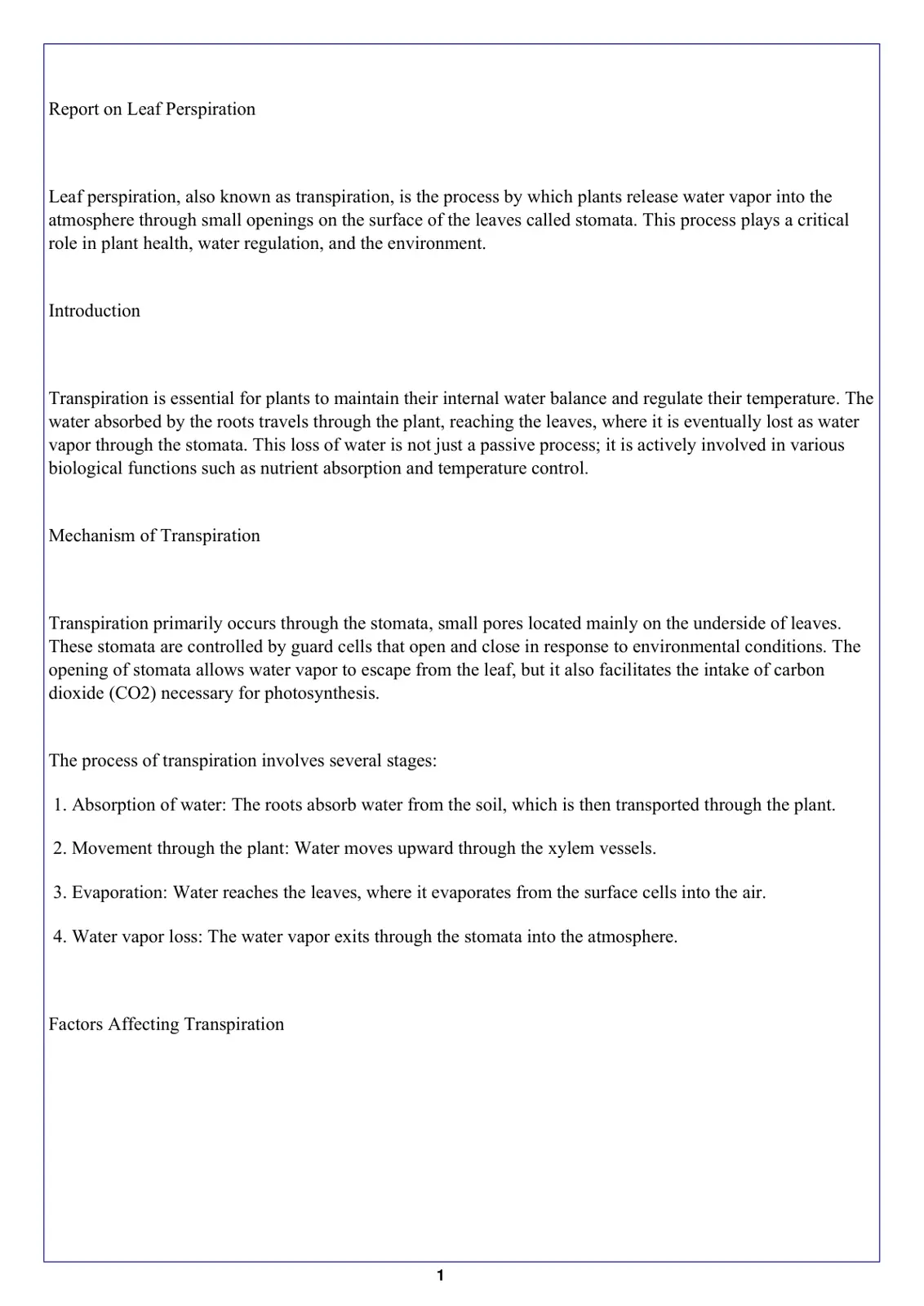 غلاف تقرير Report on Leaf Perspiration