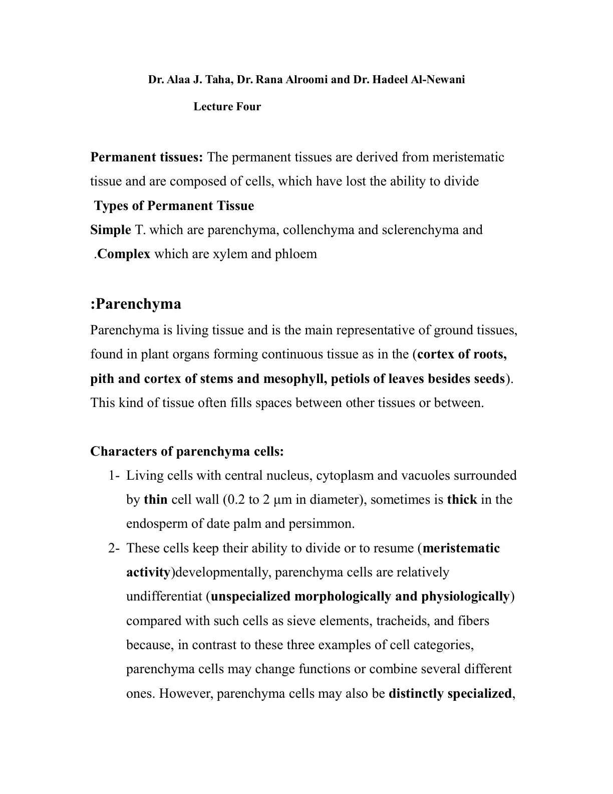 غلاف تقرير Lecture Four - Permanent Tissues