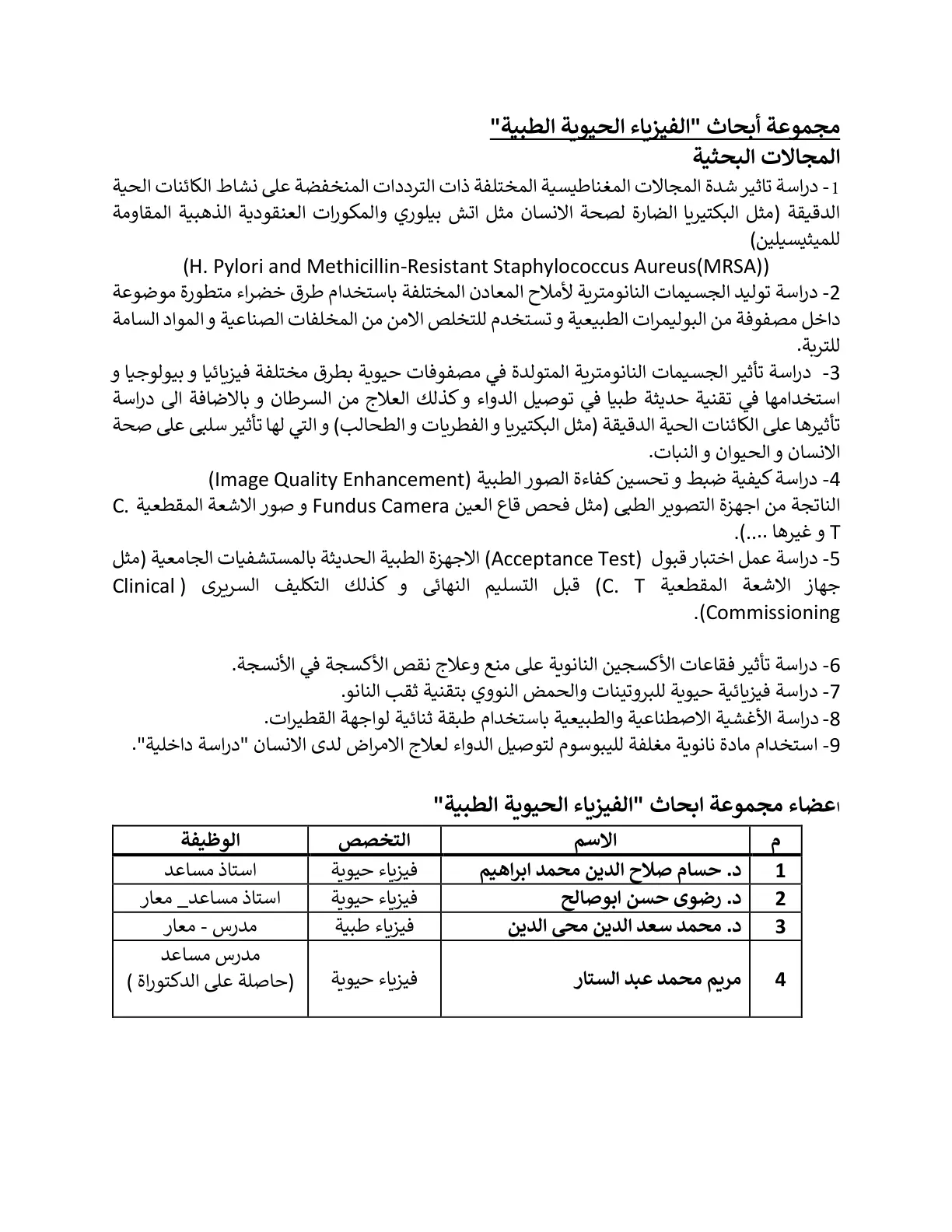غلاف تقرير مجموعة أبحاث الفيزياء الحيوية الطبية
