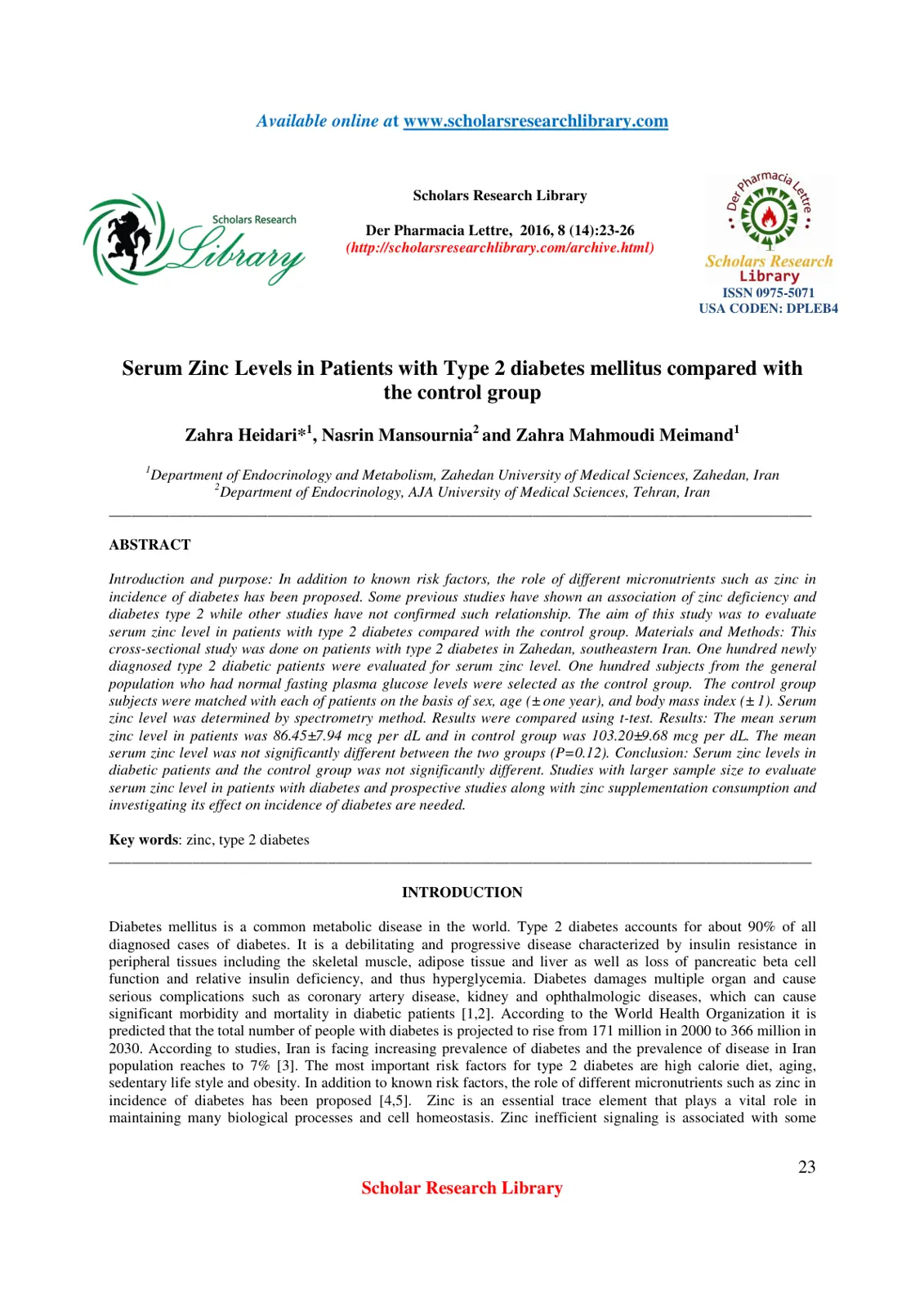غلاف تقرير Serum Zinc Levels in Patients with Type 2 Diabetes Mellitus Compared with the Control Group