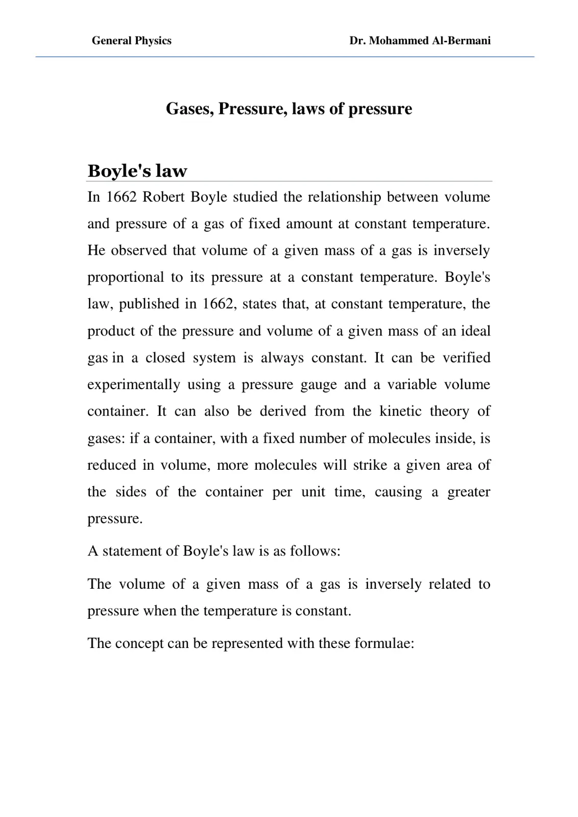 غلاف تقرير General Physics Gases, Pressure, laws of pressure Boyle's law