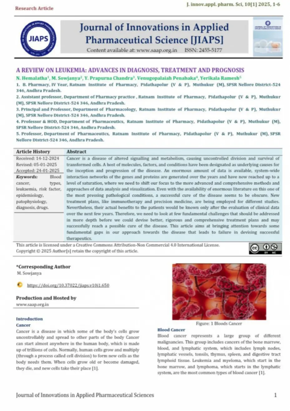 غلاف تقرير A Review on Leukemia: Advances in Diagnosis, Treatment and Prognosis