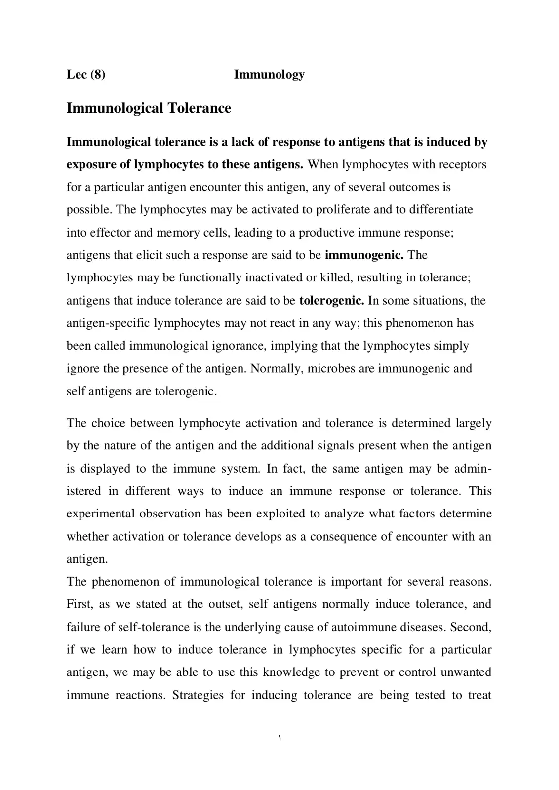 غلاف تقرير Lec (8) Immunology Immunological Tolerance