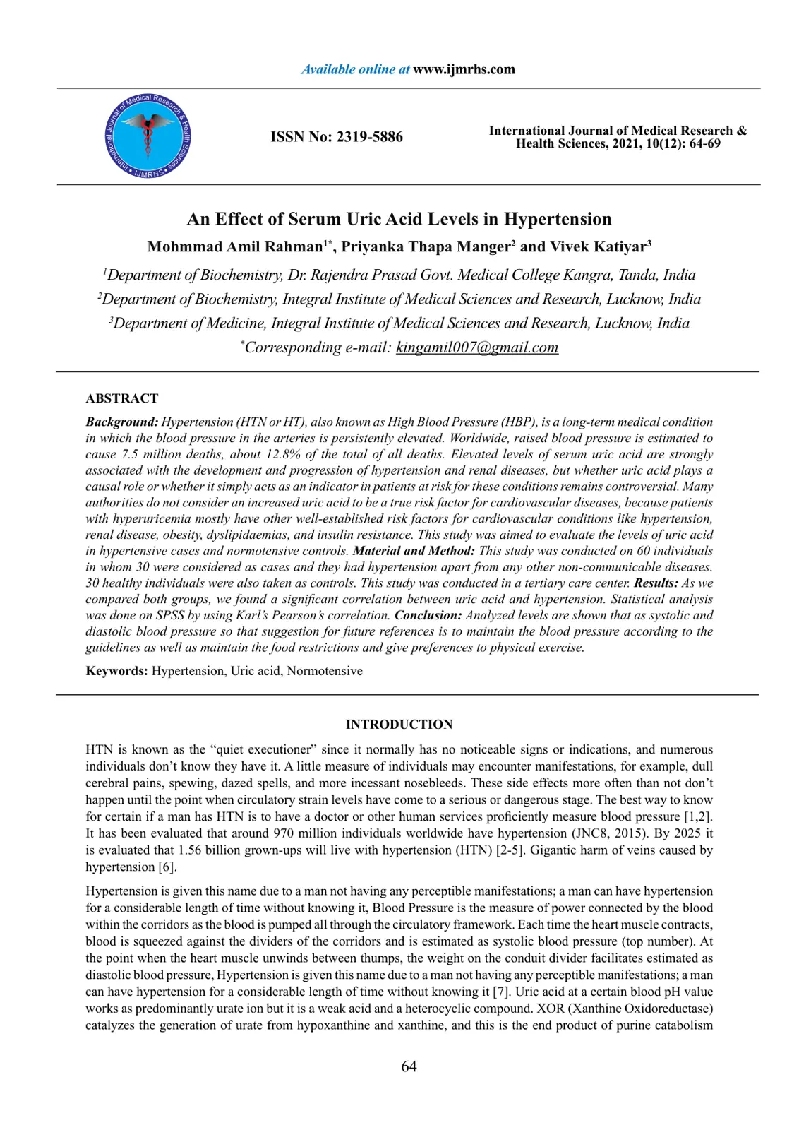 غلاف تقرير An Effect of Serum Uric Acid Levels in Hypertension