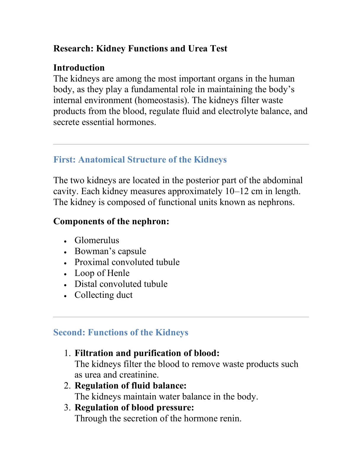 غلاف تقرير Research: Kidney Functions and Urea Test