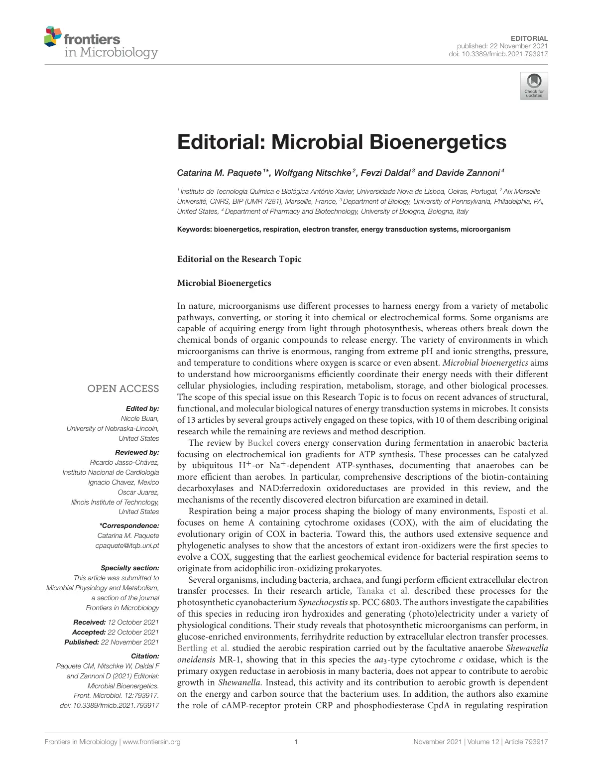 غلاف تقرير Editorial: Microbial Bioenergetics