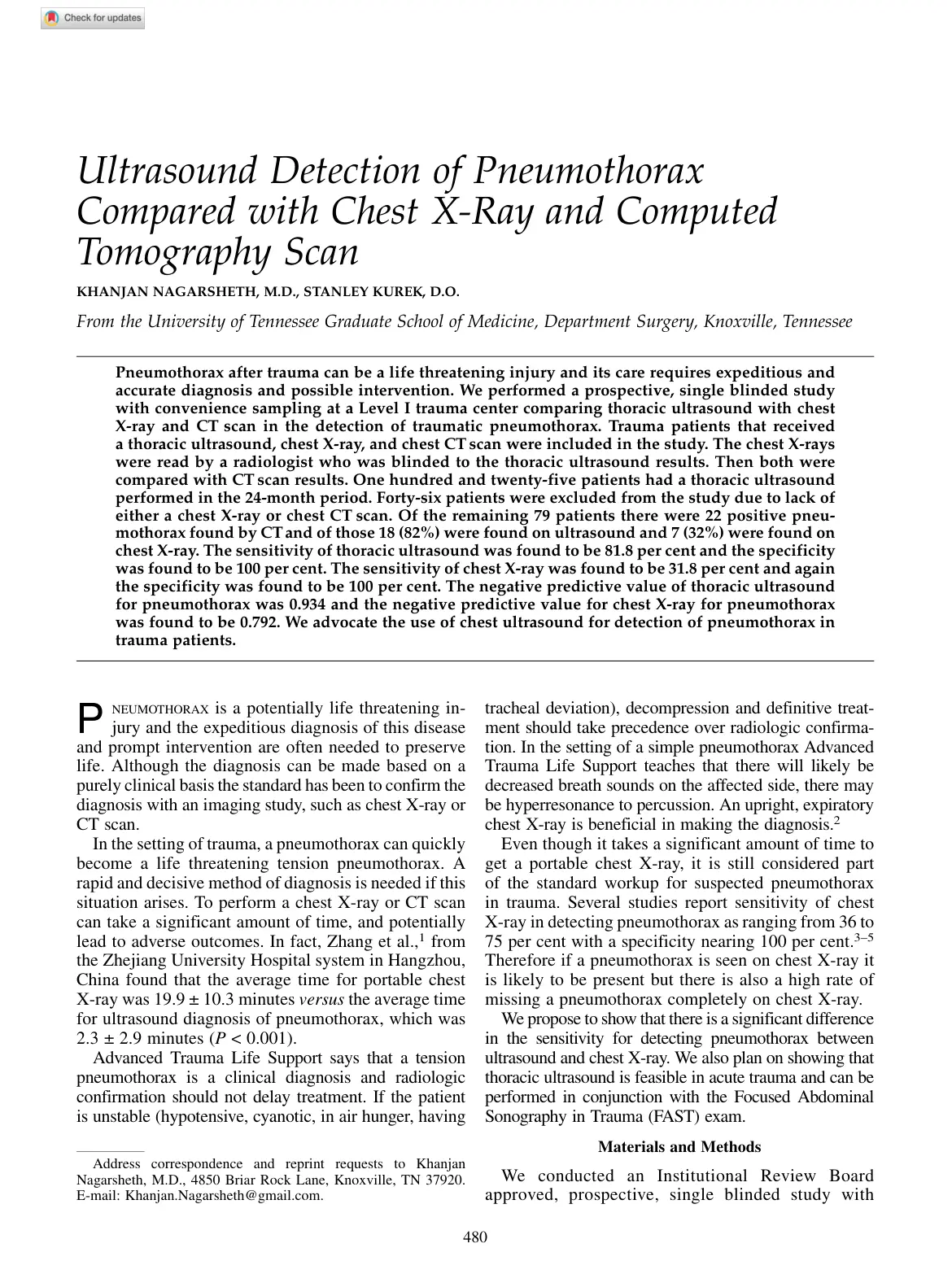 غلاف تقرير Ultrasound Detection of Pneumothorax Compared with Chest X-Ray and Computed Tomography Scan