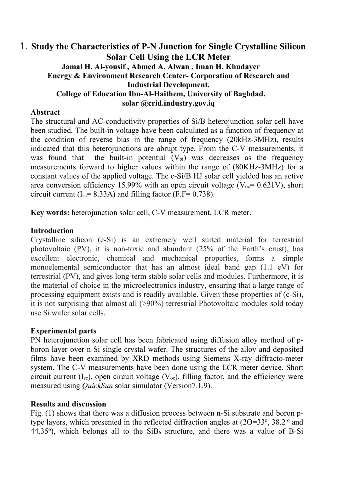 غلاف تقرير Study the Characteristics of P-N Junction for Single Crystalline Silicon Solar Cell Using the LCR Meter