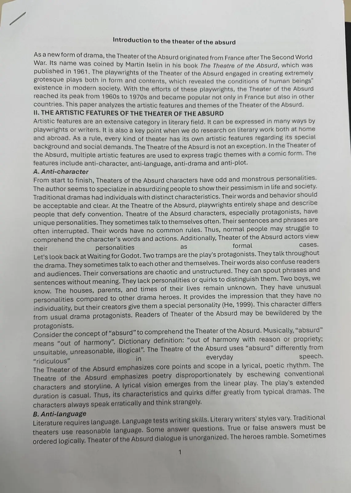 غلاف تقرير Introduction to the Theater of the Absurd