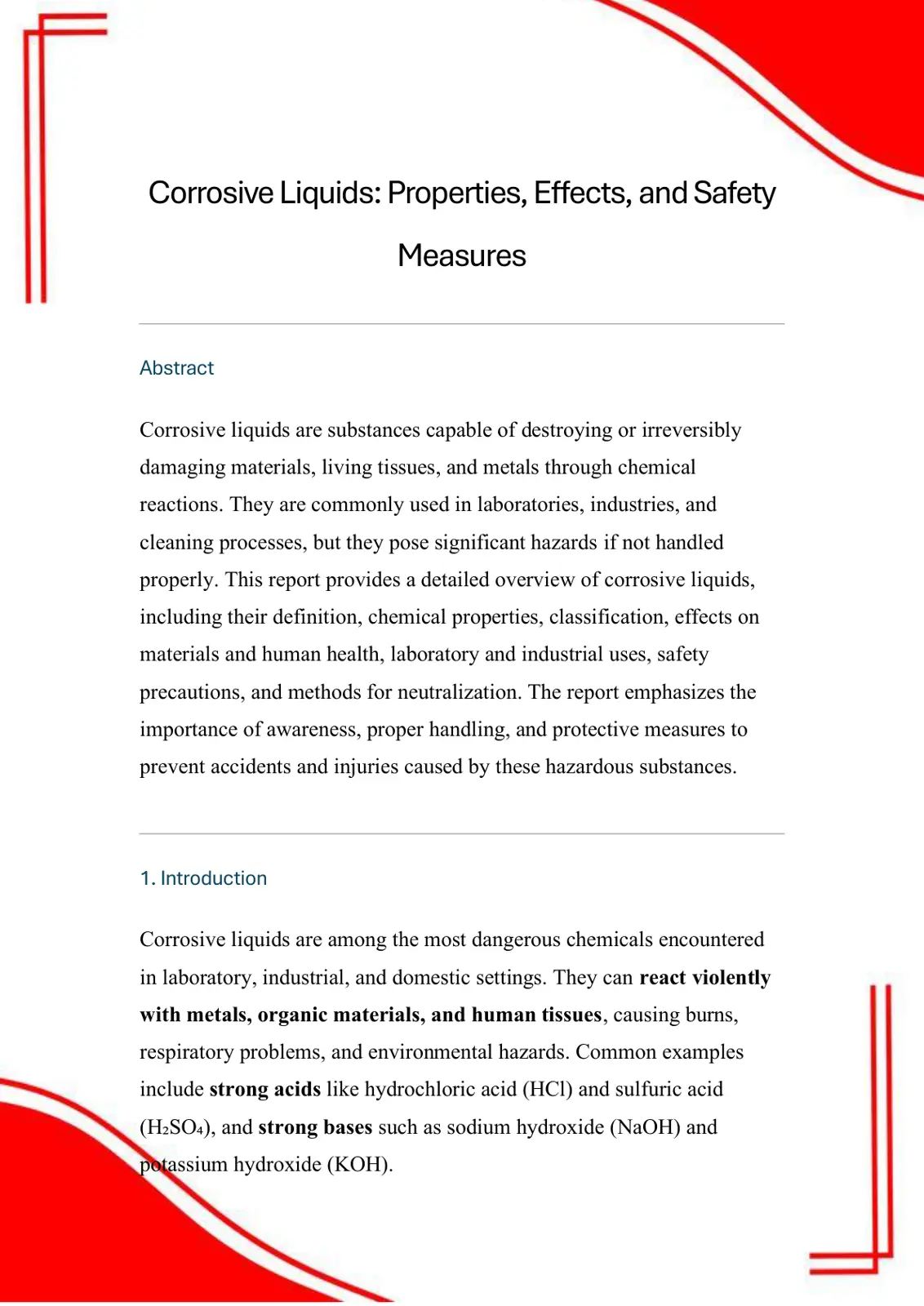 غلاف تقرير Corrosive Liquids: Properties, Effects, and Safety Measures