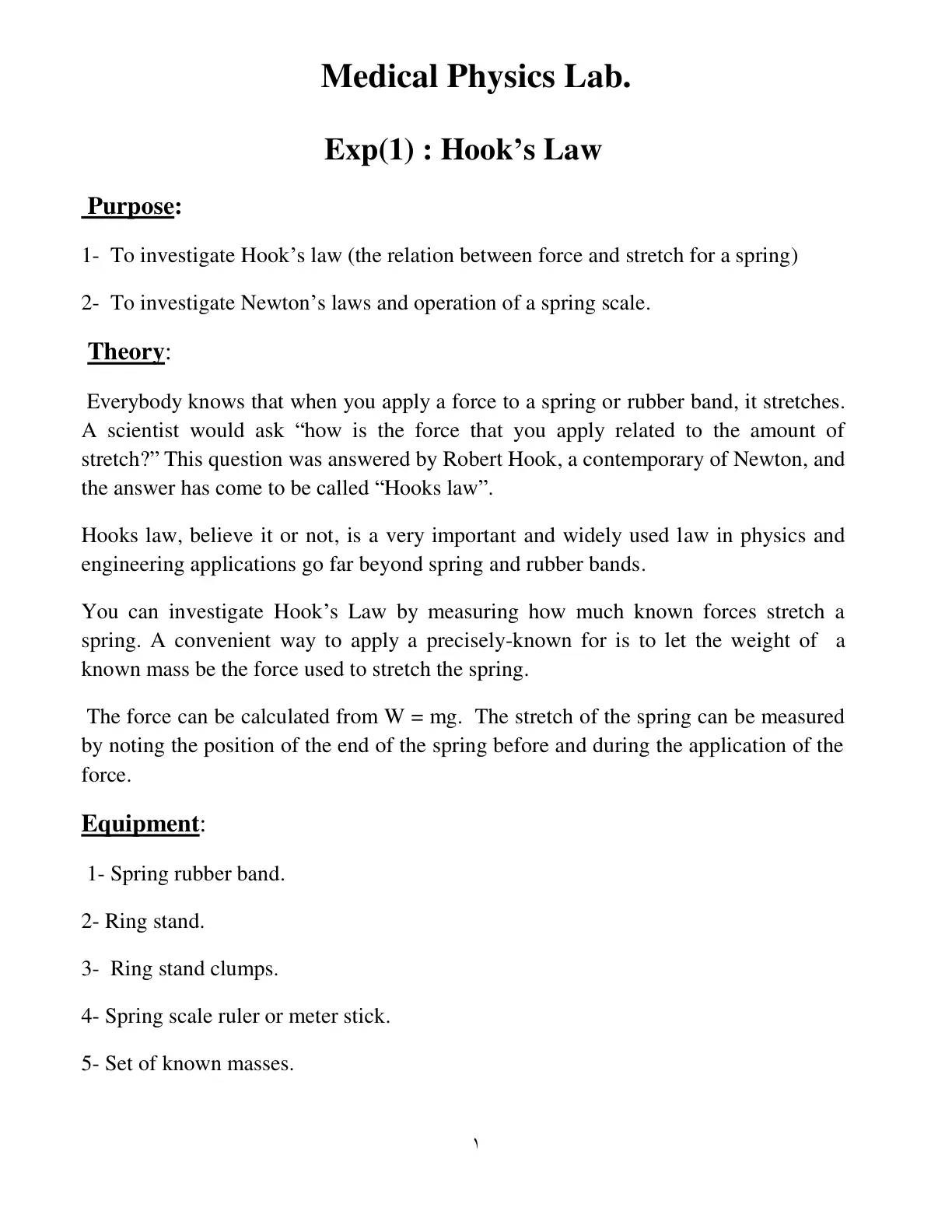 غلاف تقرير Medical Physics Lab. Exp(1): Hook's Law