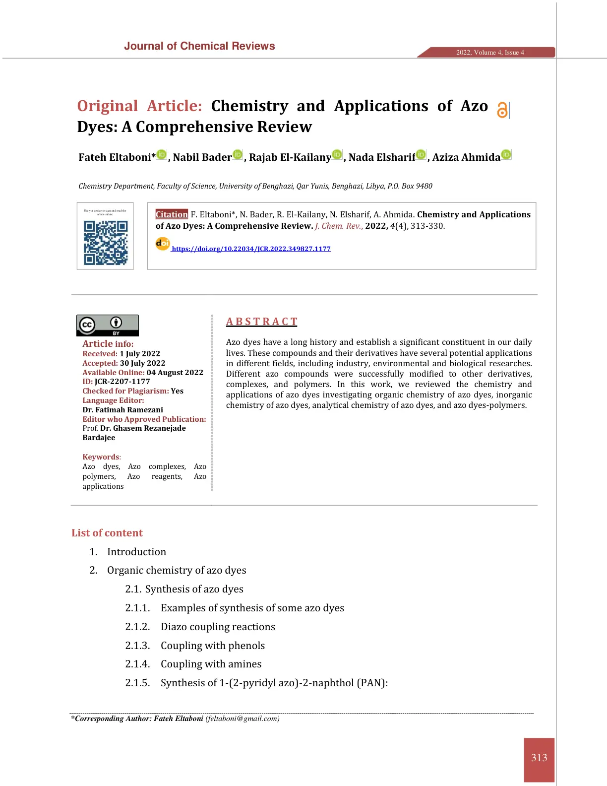 غلاف تقرير Chemistry and Applications of Azo Dyes: A Comprehensive Review