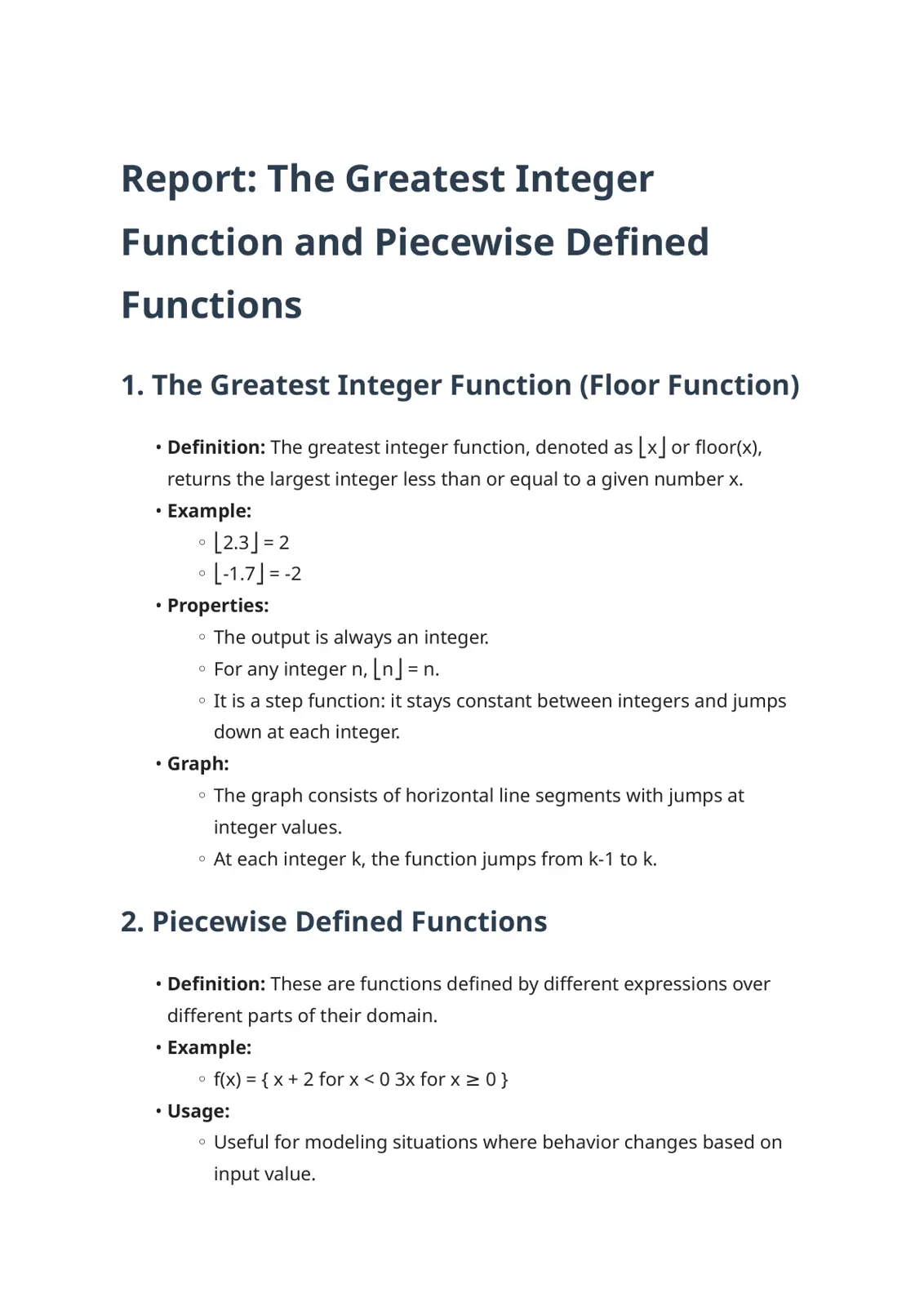 غلاف تقرير The Greatest Integer Function and Piecewise Defined Functions
