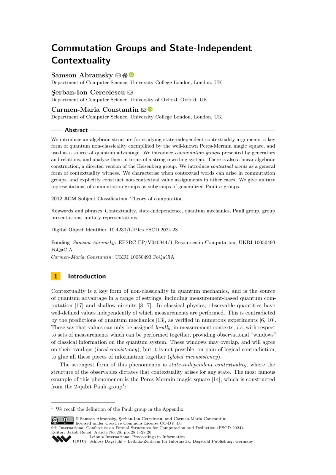 غلاف تقرير Commutation Groups and State-Independent Contextuality