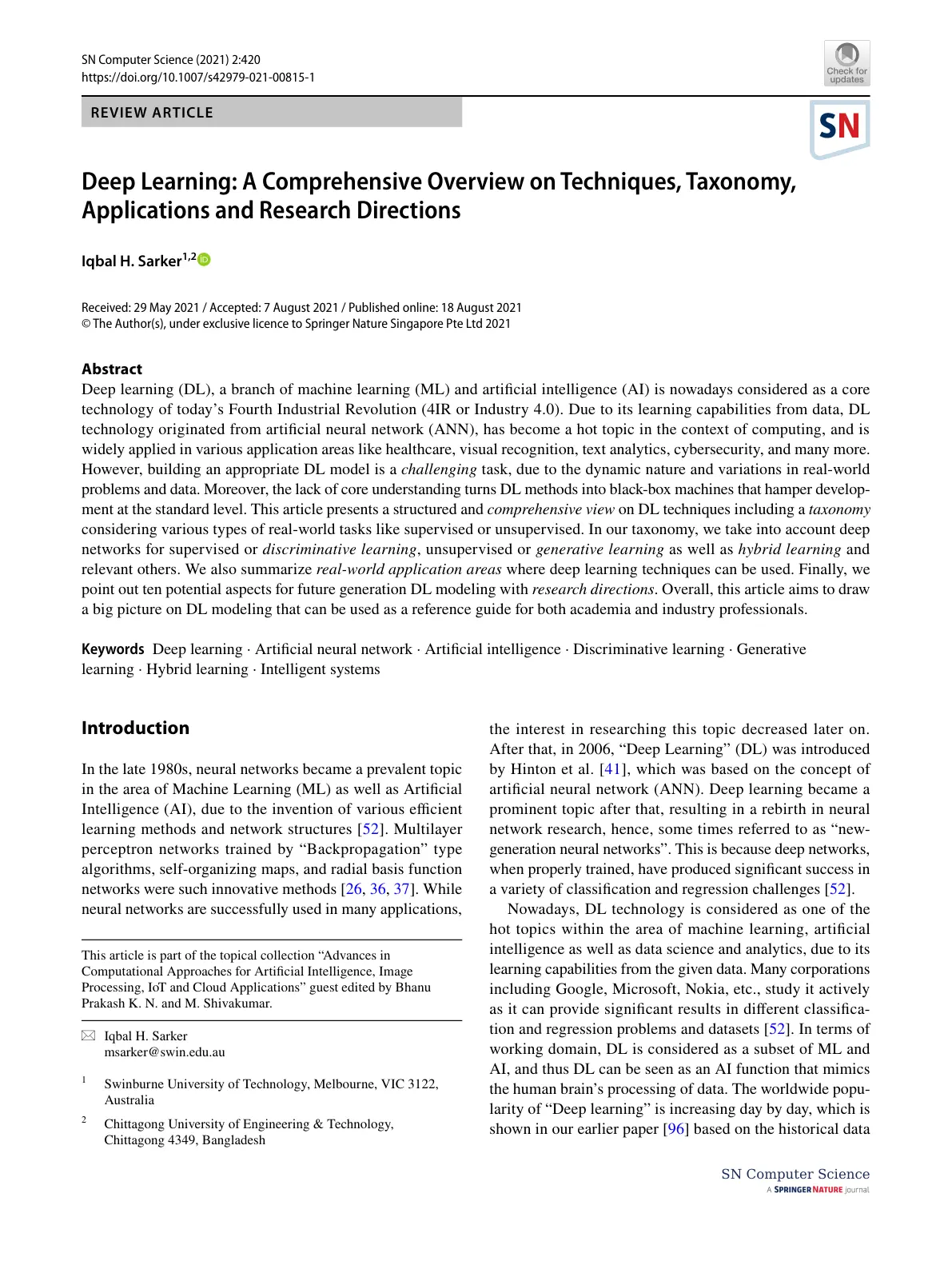 غلاف تقرير Deep Learning: A Comprehensive Overview on Techniques, Taxonomy, Applications and Research Directions