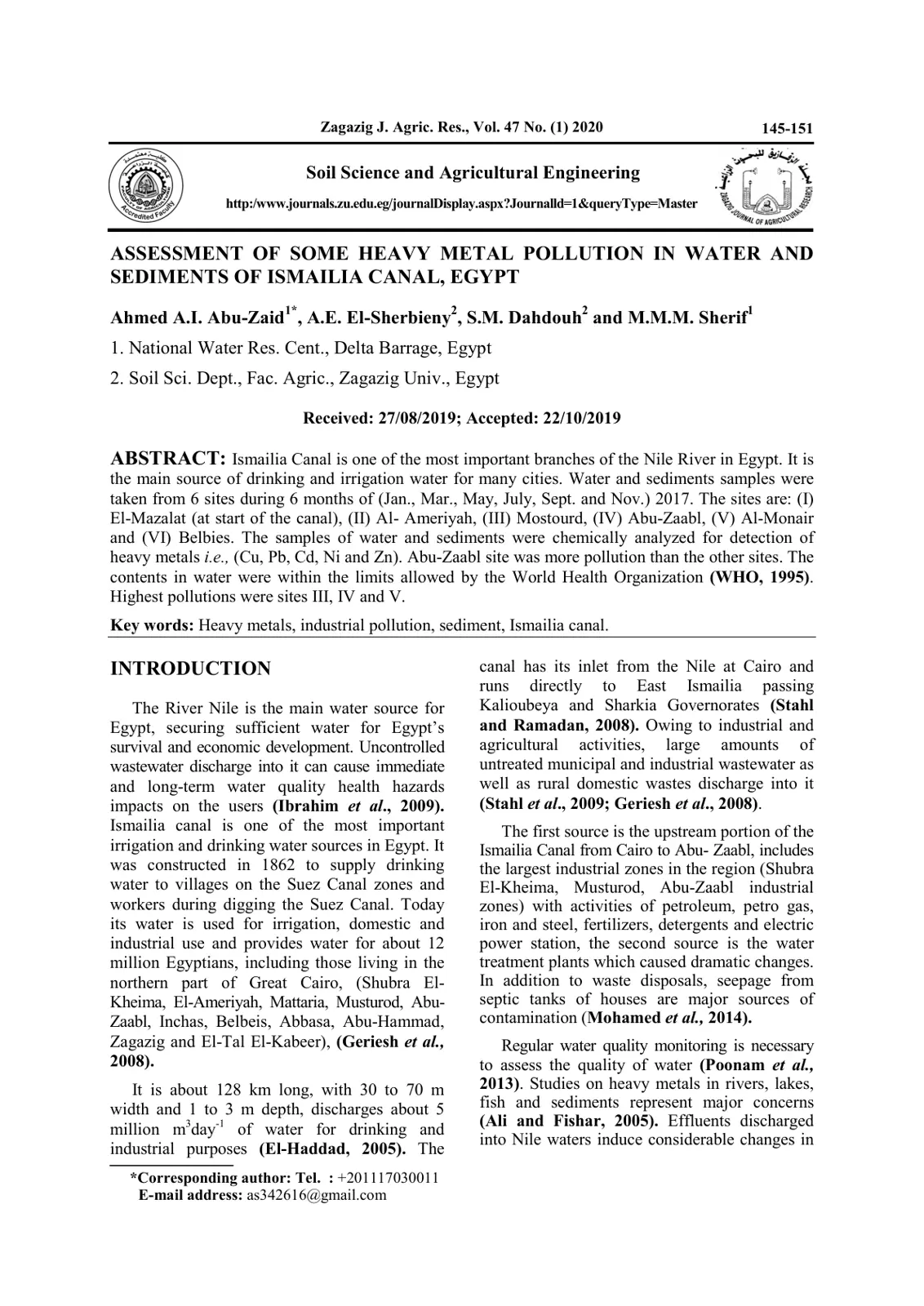 غلاف تقرير Assessment of Some Heavy Metal Pollution in Water and Sediments of Ismailia Canal, Egypt