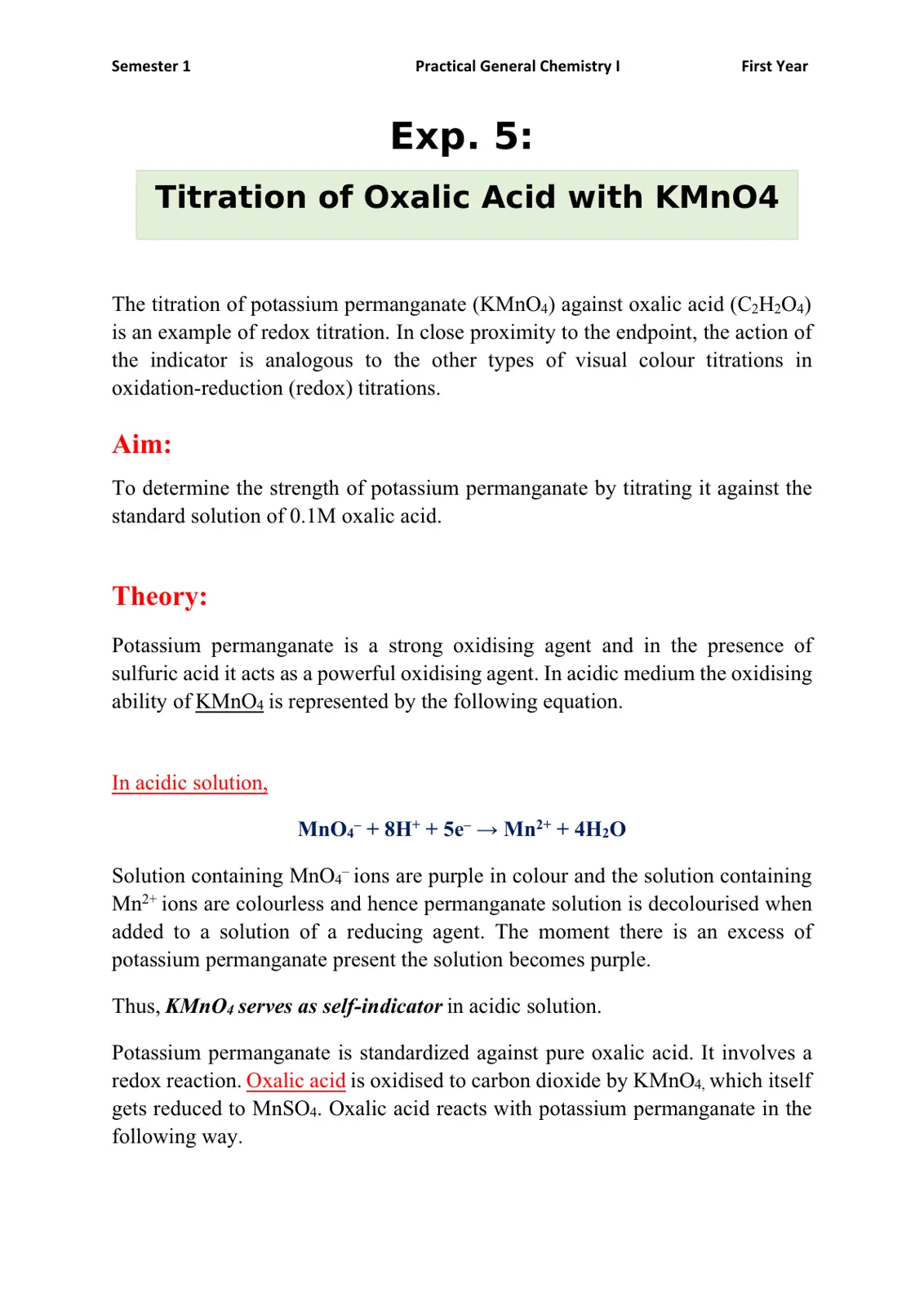 غلاف تقرير Titration of Oxalic Acid with KMnO4