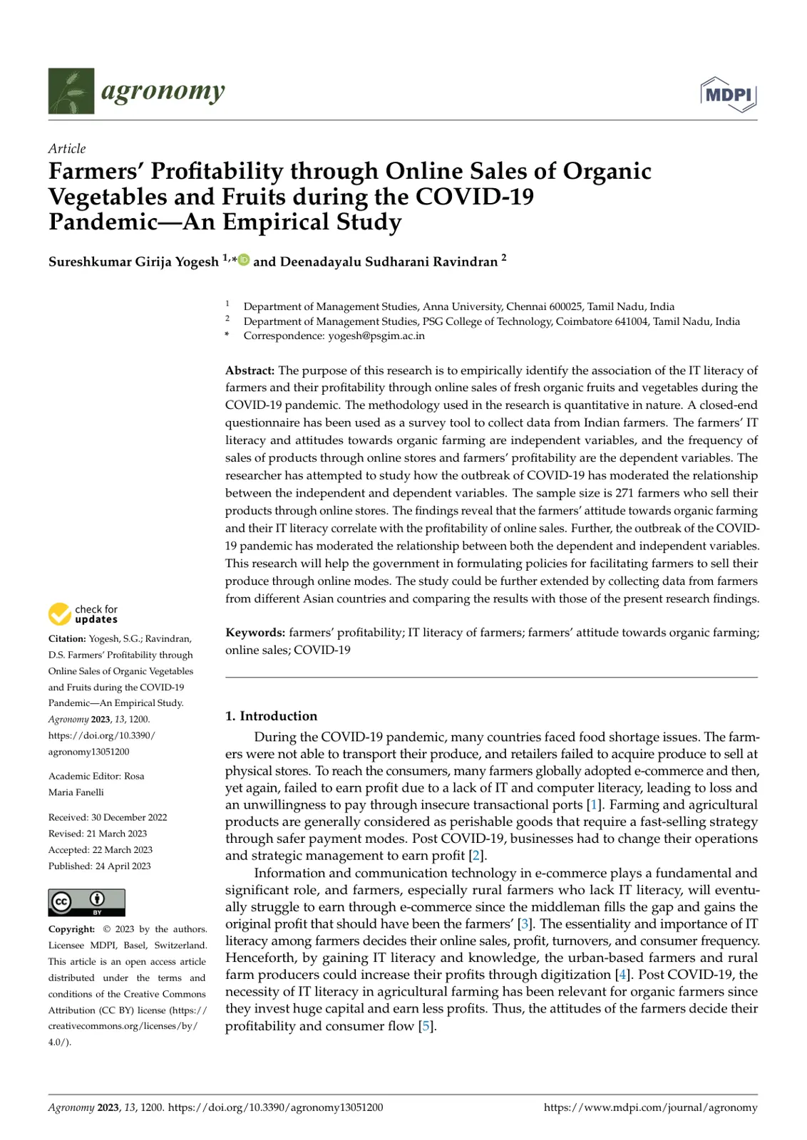غلاف تقرير Farmers' Profitability through Online Sales of Organic Vegetables and Fruits during the COVID-19 Pandemic: An Empirical Study