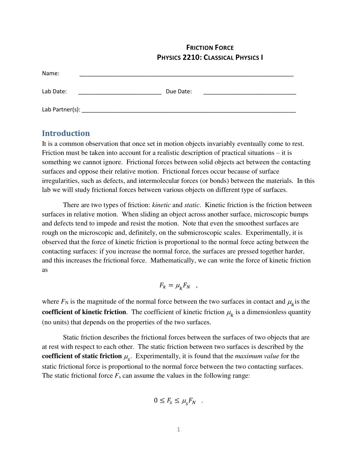 غلاف تقرير Friction Force Lab Report