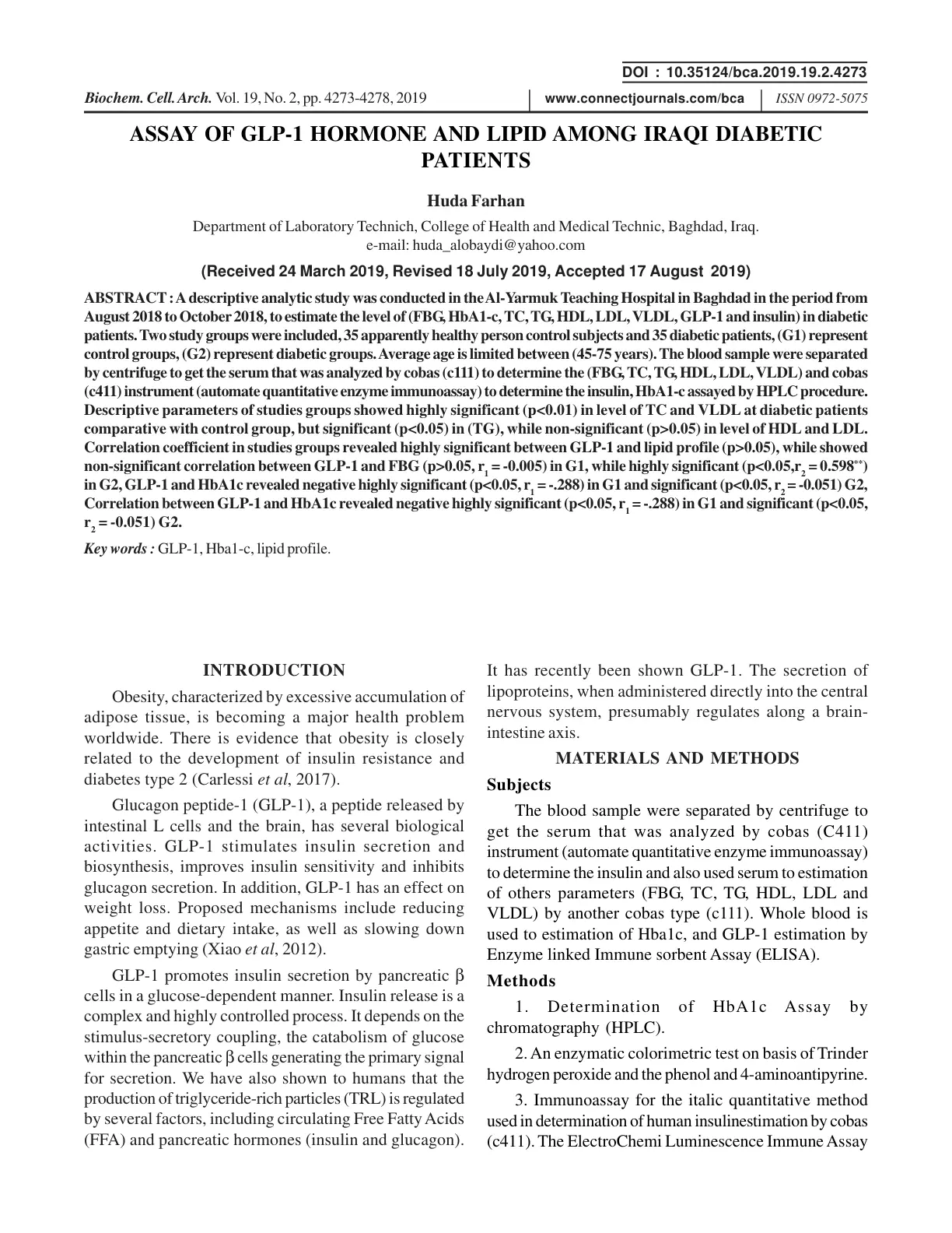 غلاف تقرير ASSAY OF GLP-1 HORMONE AND LIPID AMONG IRAQI DIABETIC PATIENTS
