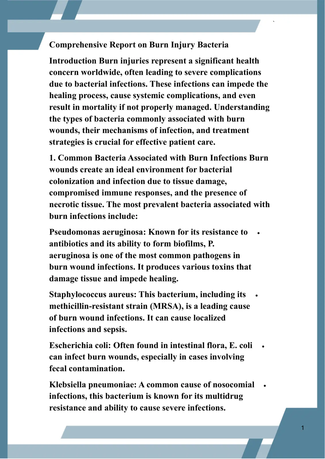 غلاف تقرير Comprehensive Report on Burn Injury Bacteria