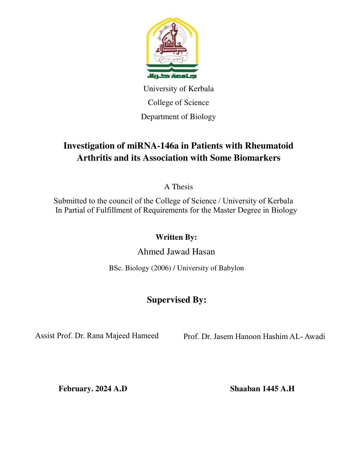 غلاف تقرير Investigation of miRNA-146a in Patients with Rheumatoid Arthritis and its Association with Some Biomarkers