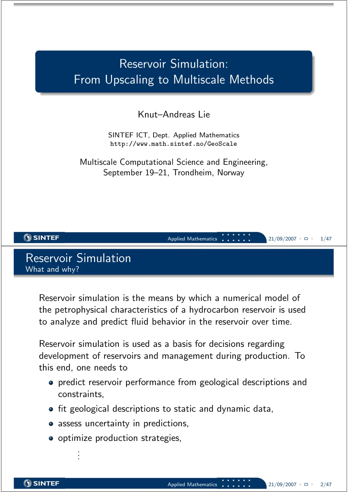 غلاف تقرير Reservoir Simulation: From Upscaling to Multiscale Methods
