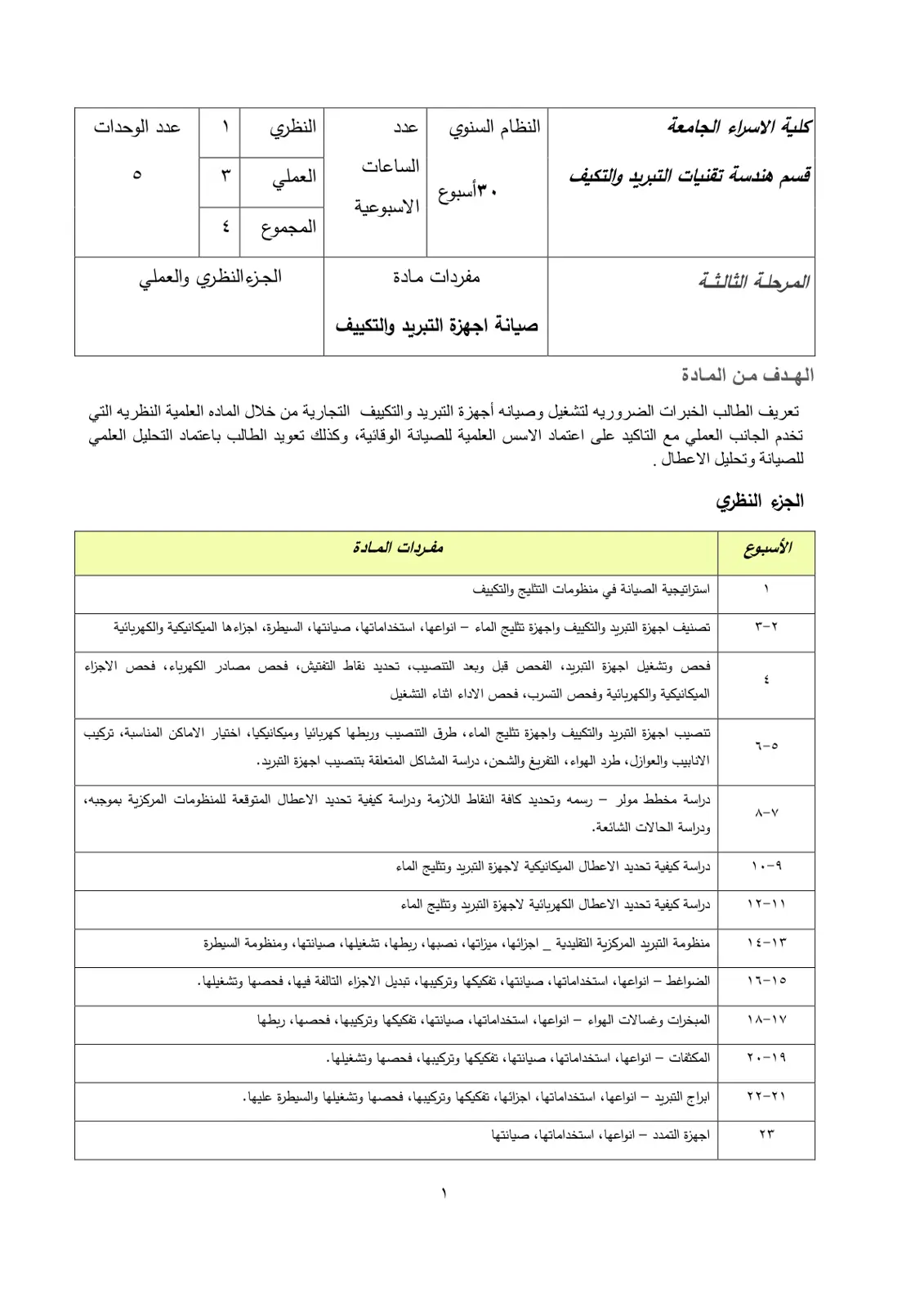 غلاف تقرير مفردات مادة صيانة أجهزة التبريد والتكييف - المرحلة الثالثة - هندسة تقنيات التبريد والتكيف