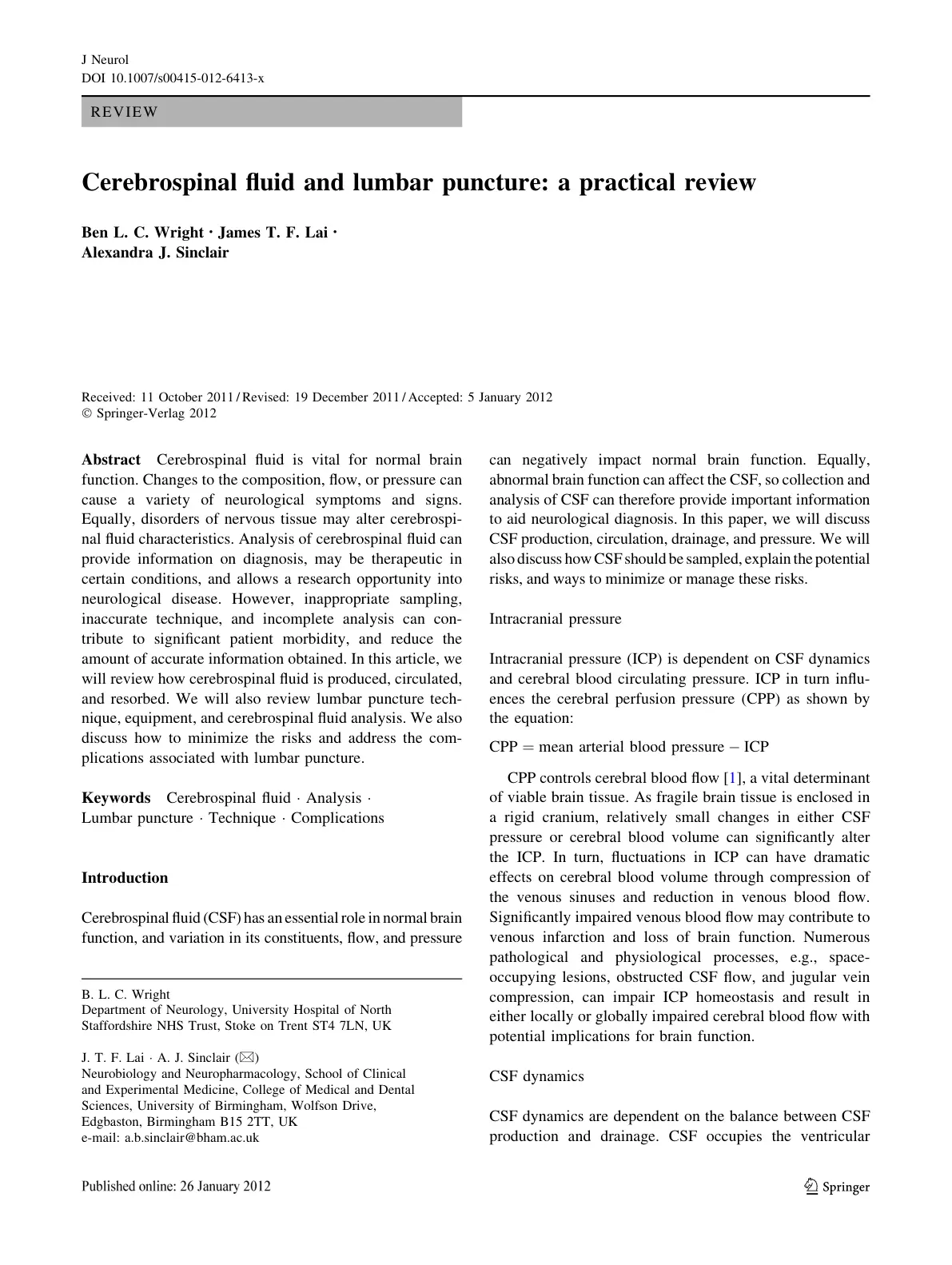 غلاف تقرير Cerebrospinal fluid and lumbar puncture: a practical review
