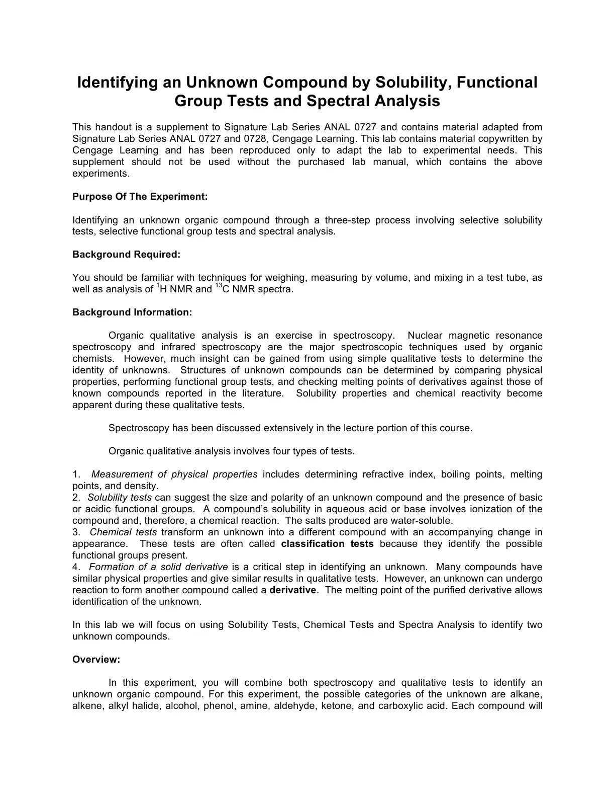 غلاف تقرير Identifying an Unknown Compound by Solubility, Functional Group Tests and Spectral Analysis