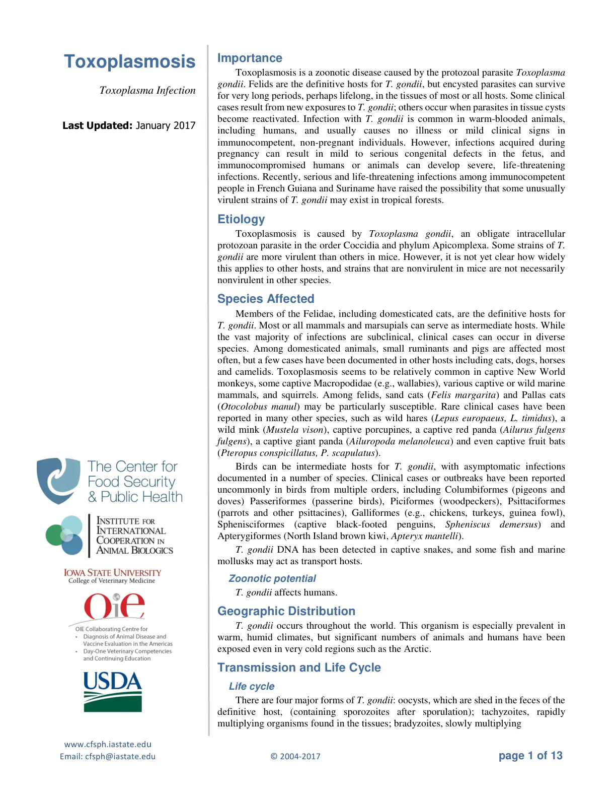 غلاف تقرير Toxoplasmosis Importance