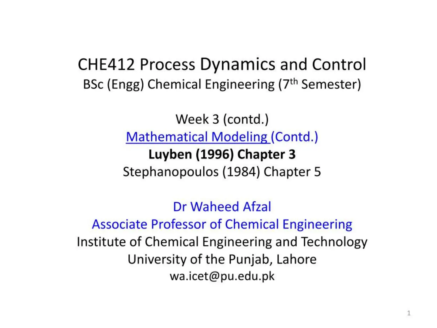غلاف تقرير CHE412 Process Dynamics and Control - Mathematical Modeling