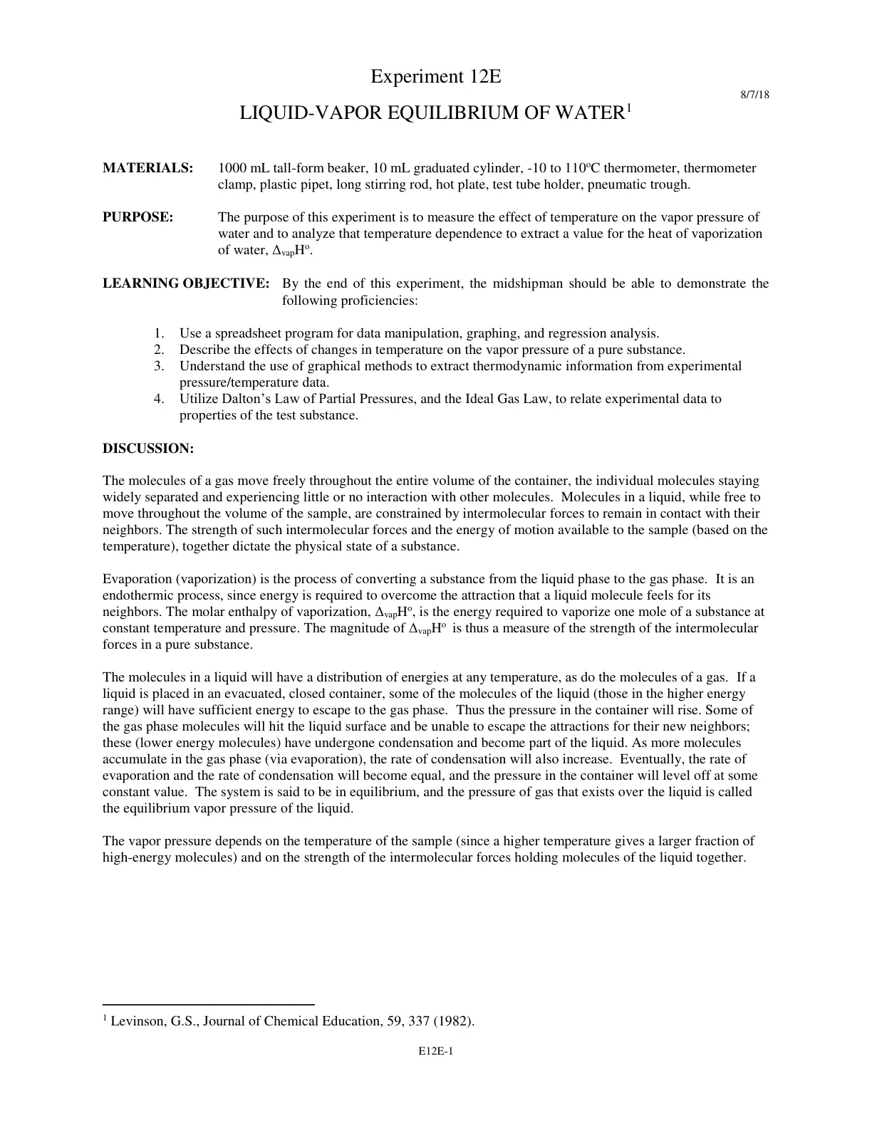 غلاف تقرير LIQUID-VAPOR EQUILIBRIUM OF WATER
