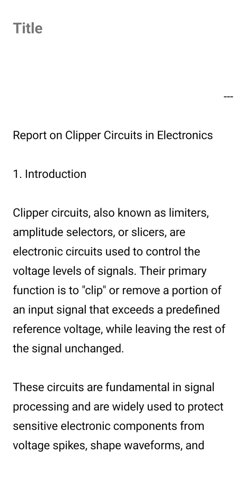 غلاف تقرير Report on Clipper Circuits in Electronics