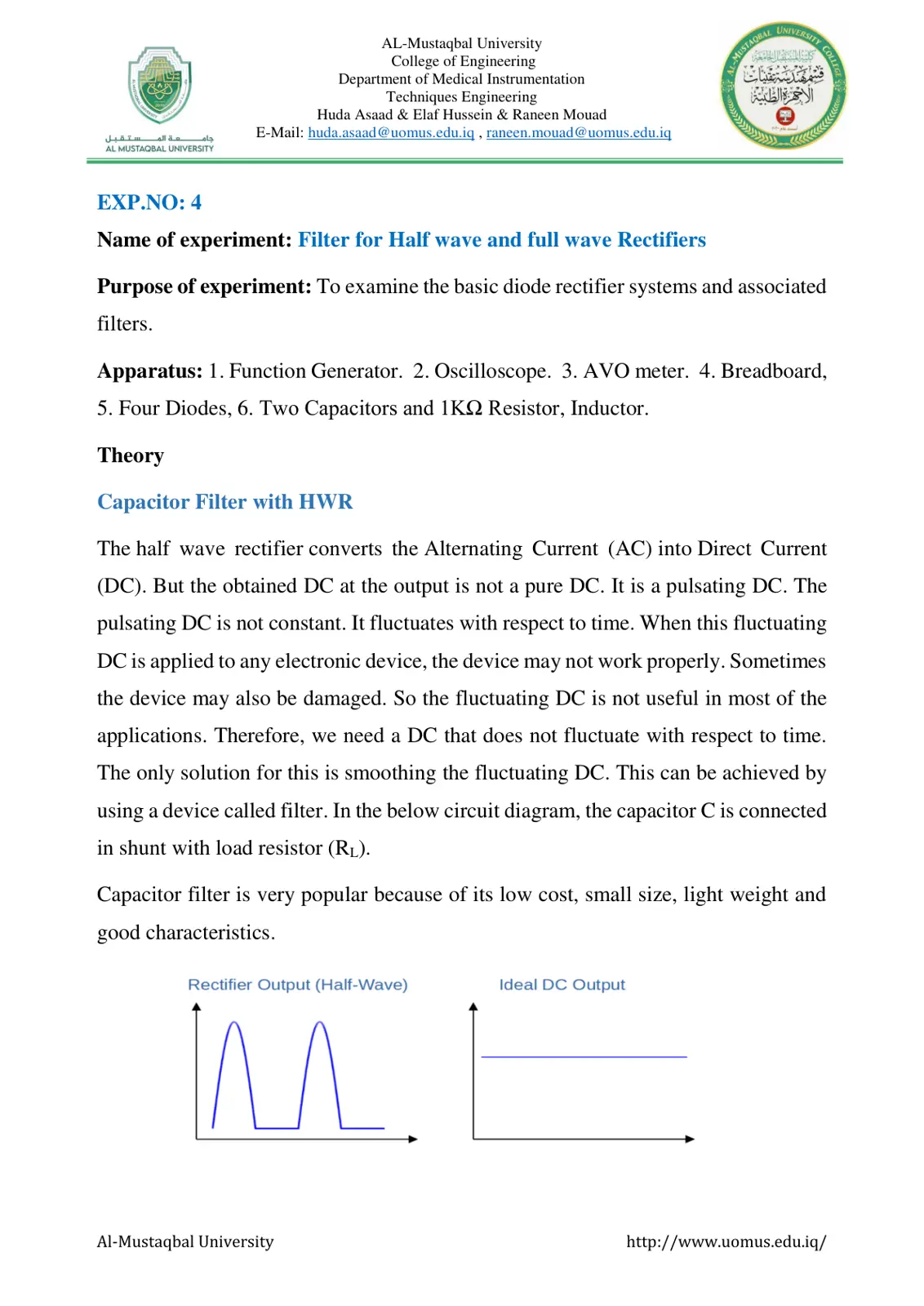 غلاف تقرير Filter for Half wave and full wave Rectifiers