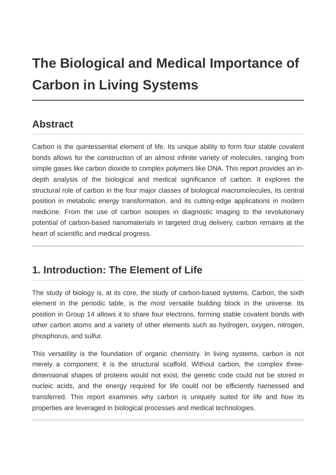 غلاف تقرير The Biological and Medical Importance of Carbon in Living Systems