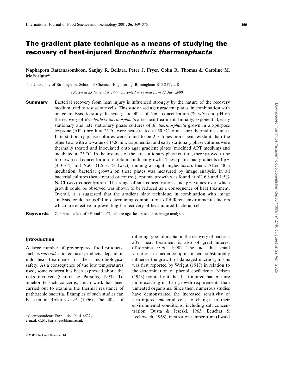 غلاف تقرير The gradient plate technique as a means of studying the recovery of heat-injured Brochothrix thermosphacta