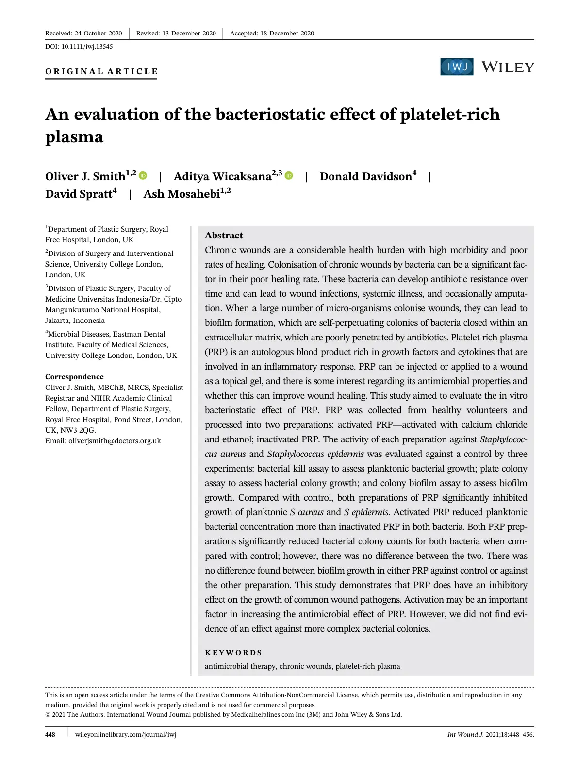 غلاف تقرير An evaluation of the bacteriostatic effect of platelet-rich plasma