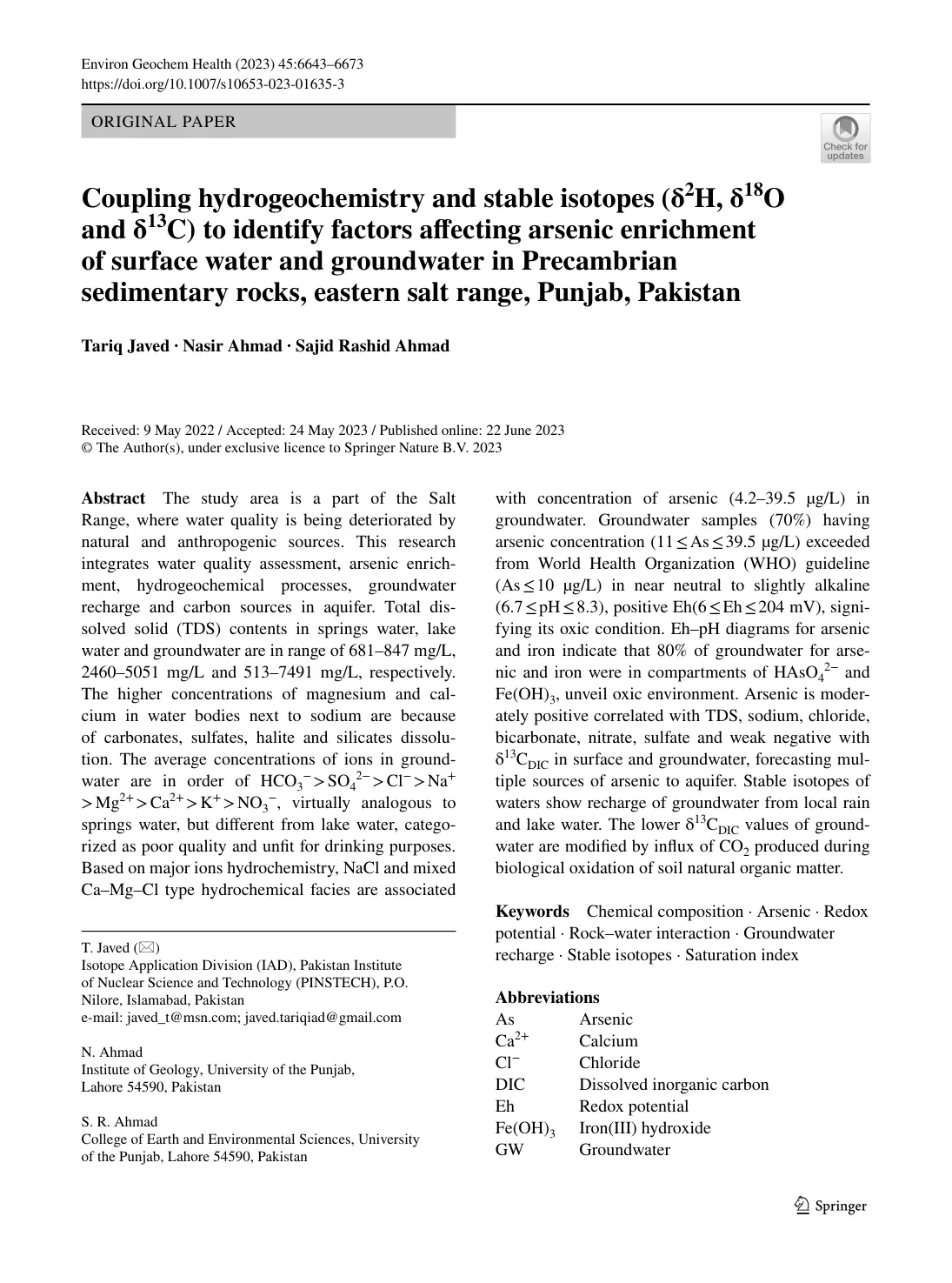 غلاف تقرير Coupling Hydrogeochemistry and Stable Isotopes to Identify Factors Affecting Arsenic Enrichment of Surface Water and Groundwater in Precambrian Sedimentary Rocks, Eastern Salt Range, Punjab, Pakistan