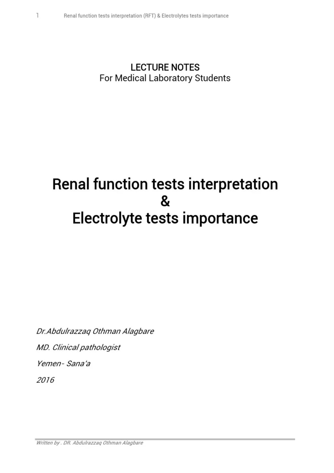 غلاف تقرير Renal function tests interpretation & Electrolyte tests importance